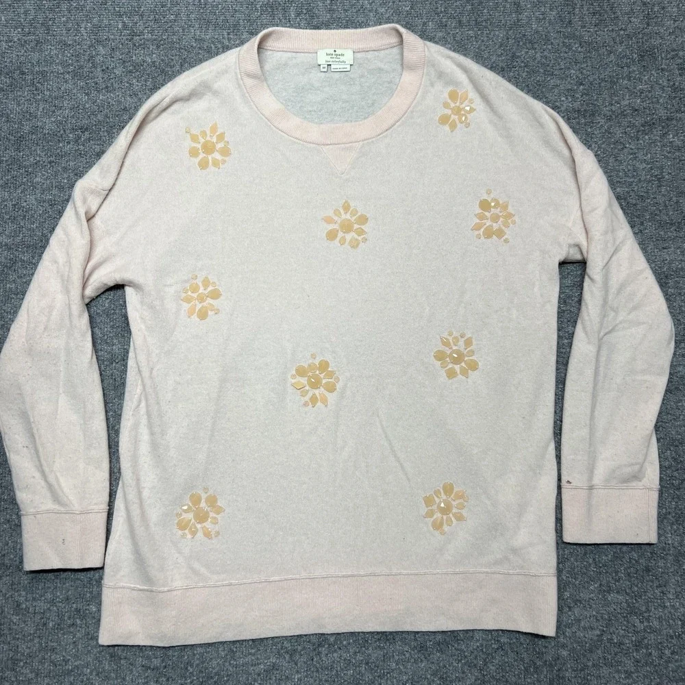 Kate Spade Sweater Womens Medium Pink Floral Jewel Crewneck Pullover Knit Top